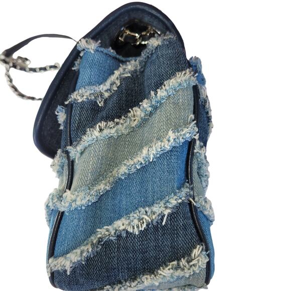 Michael Kors Sloan Denim Crossbody Shoulder Bag Blue Chevron Fringe Patchwork - Picture 13 of 16